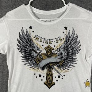 Sinful By Affliction Shirt Womens XL White Angel Wings Heart Dagger Graphic Tee